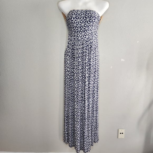 Cinnamon Dress Womens Medium Bandeau Strapless Blue White Coastal Maxi - Picture 1 of 13